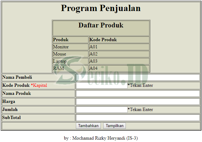 source code html program penjualan